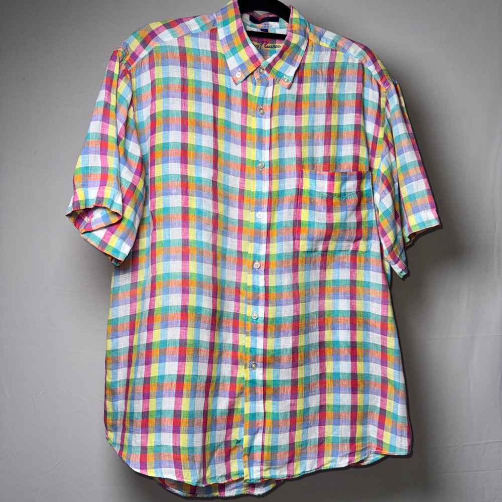 Alan Flusser Mens Linen Shirt L Rainbow Plaid Short Sleeve Button Down FLAW